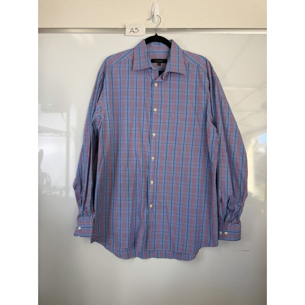 Mitchells Mens Dress Shirt XL Blue Purple Plaid Long Sleeve Button Down Italy
